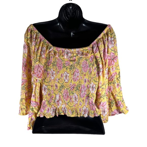 BILLABONG Be My Babe Crop Top Sz L Yellow Floral Bell Sleeve Square Neck Viscose - Picture 5 of 11
